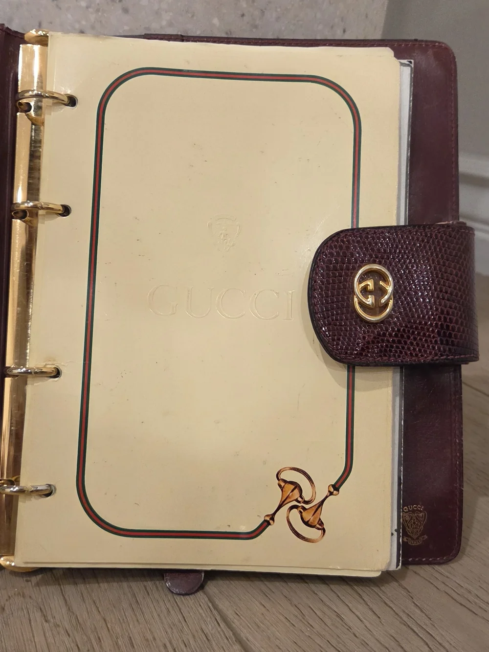 Vintage Gucci Burgundy Lizard-Embossed Leather Agenda Planner Cover With Gold